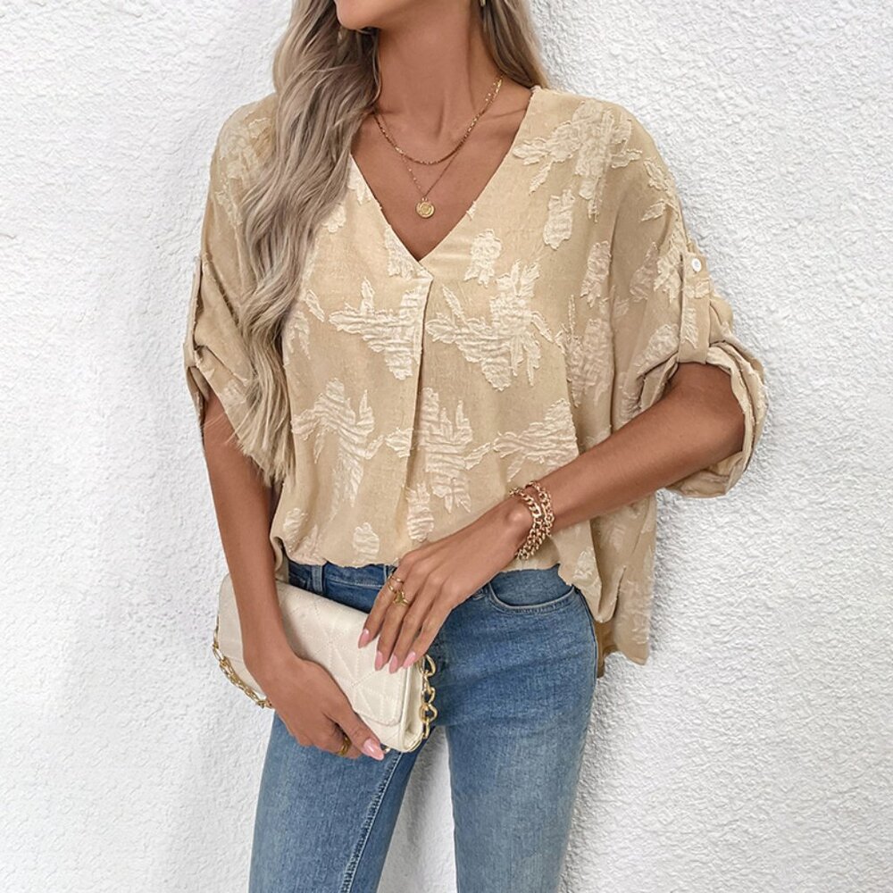 2/$40 Beige Floral Textured Loose Blouse Half Sleeve Top V Neck Casual Work